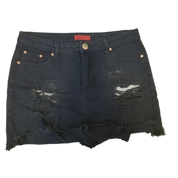 Signature 8 Anthropologie Distressed Denim Mini Skirt Black Sz L - Picture 1 of 3